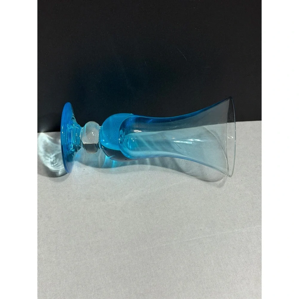 Vintage Blue Hand Blown Art Glass Bud Vase Hourglass Pedestal Base MCM